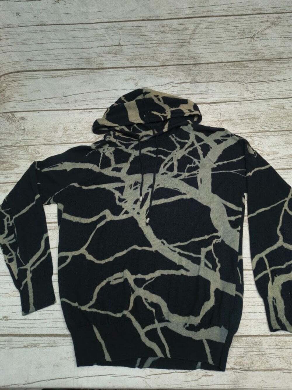 Alexander McQueen Black and Tan Branch Abstract 100% Wool Hooded Sweater